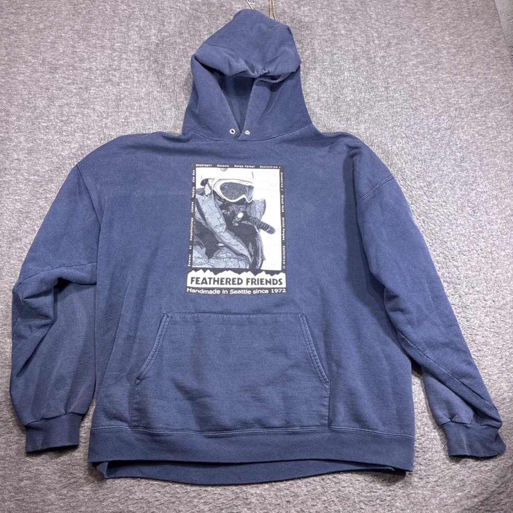 Vintage Feathered Friends Hoodie Mens XL Blue Mountaineering Graphic Pullover